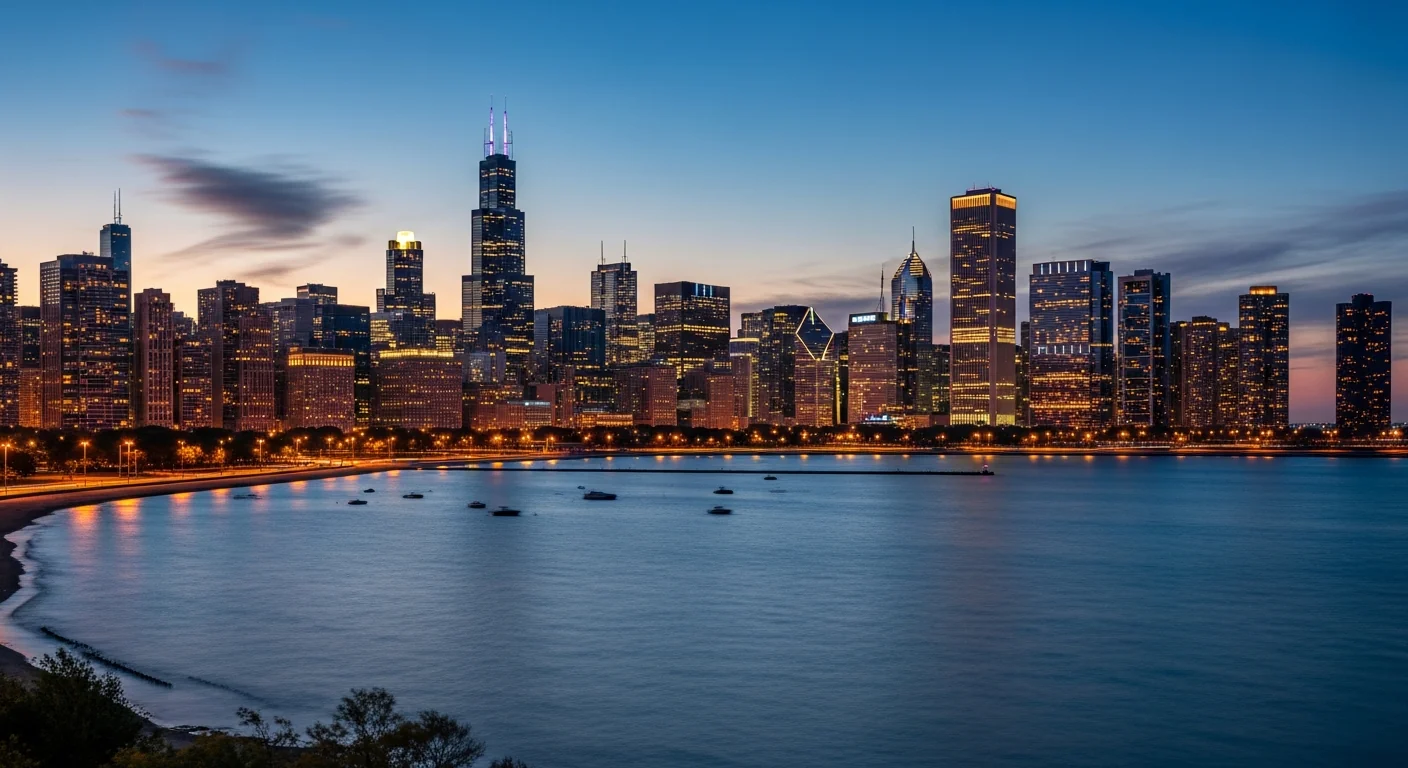 Chicago downtown skyline near the River West site of Bally's permanent casino, illustrative