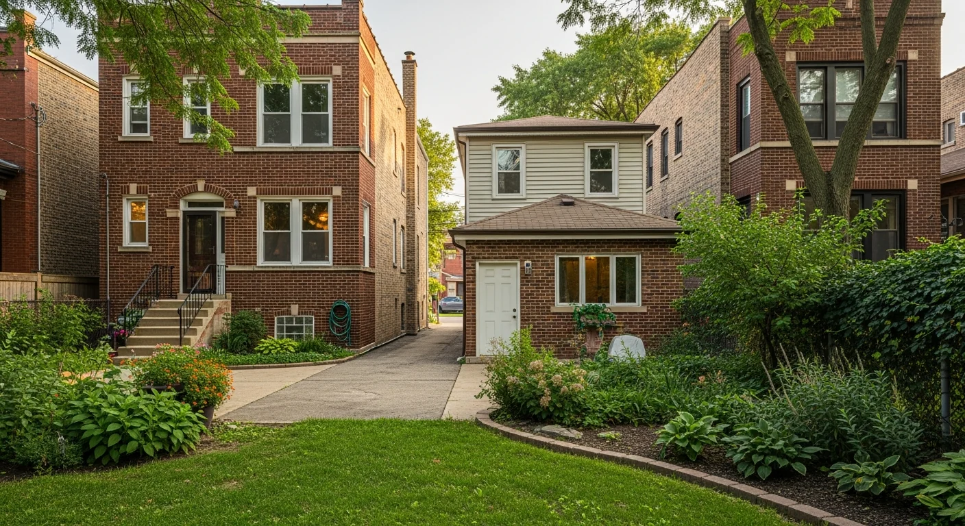 A Chicago residential block with two-flats and rear lots where coach houses could be added, illustrative
