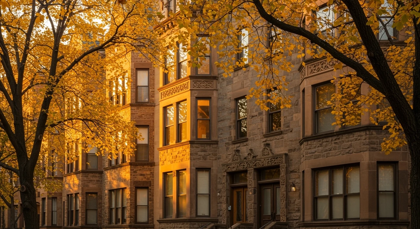 Greystone facade in golden light