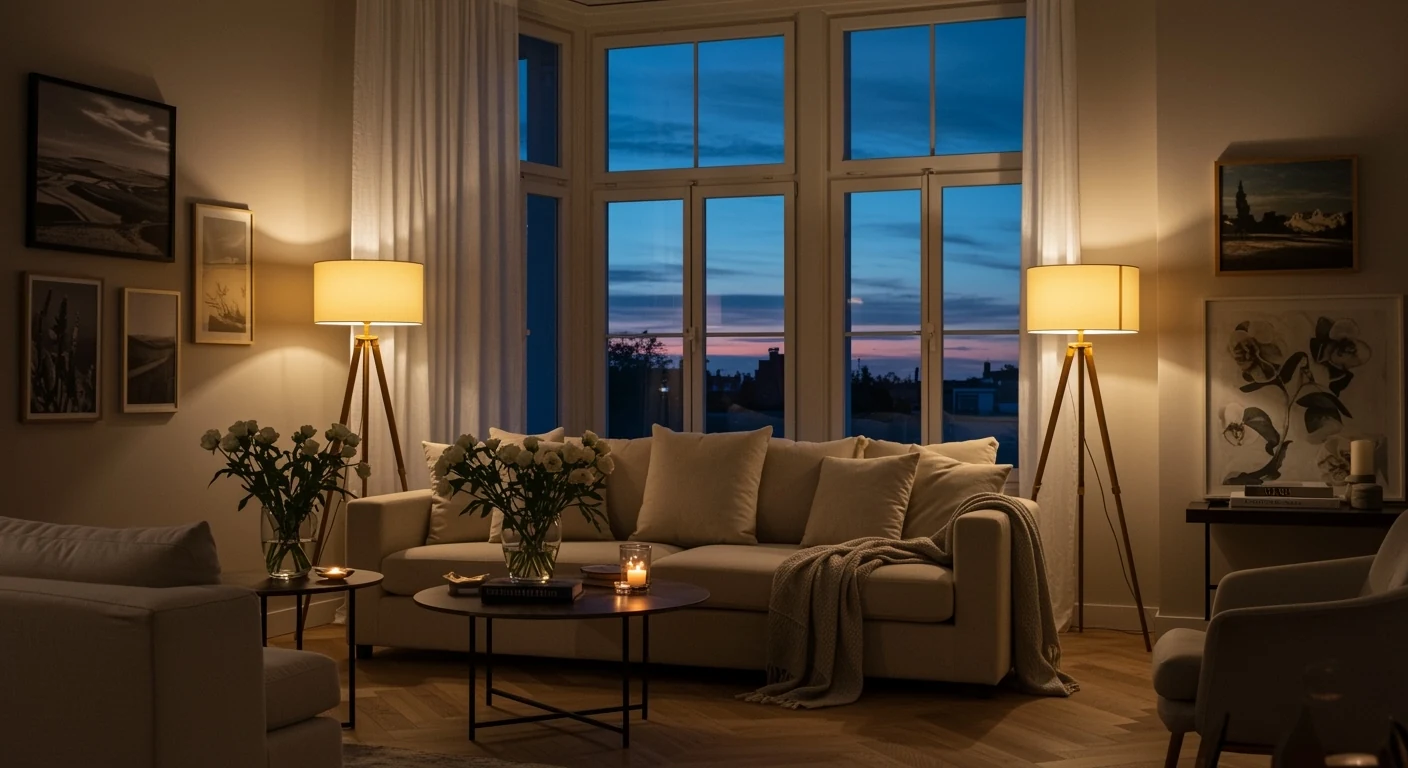 Lived-in living room at dusk
