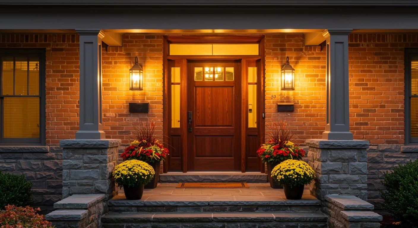 Welcoming front door with lanterns and mums