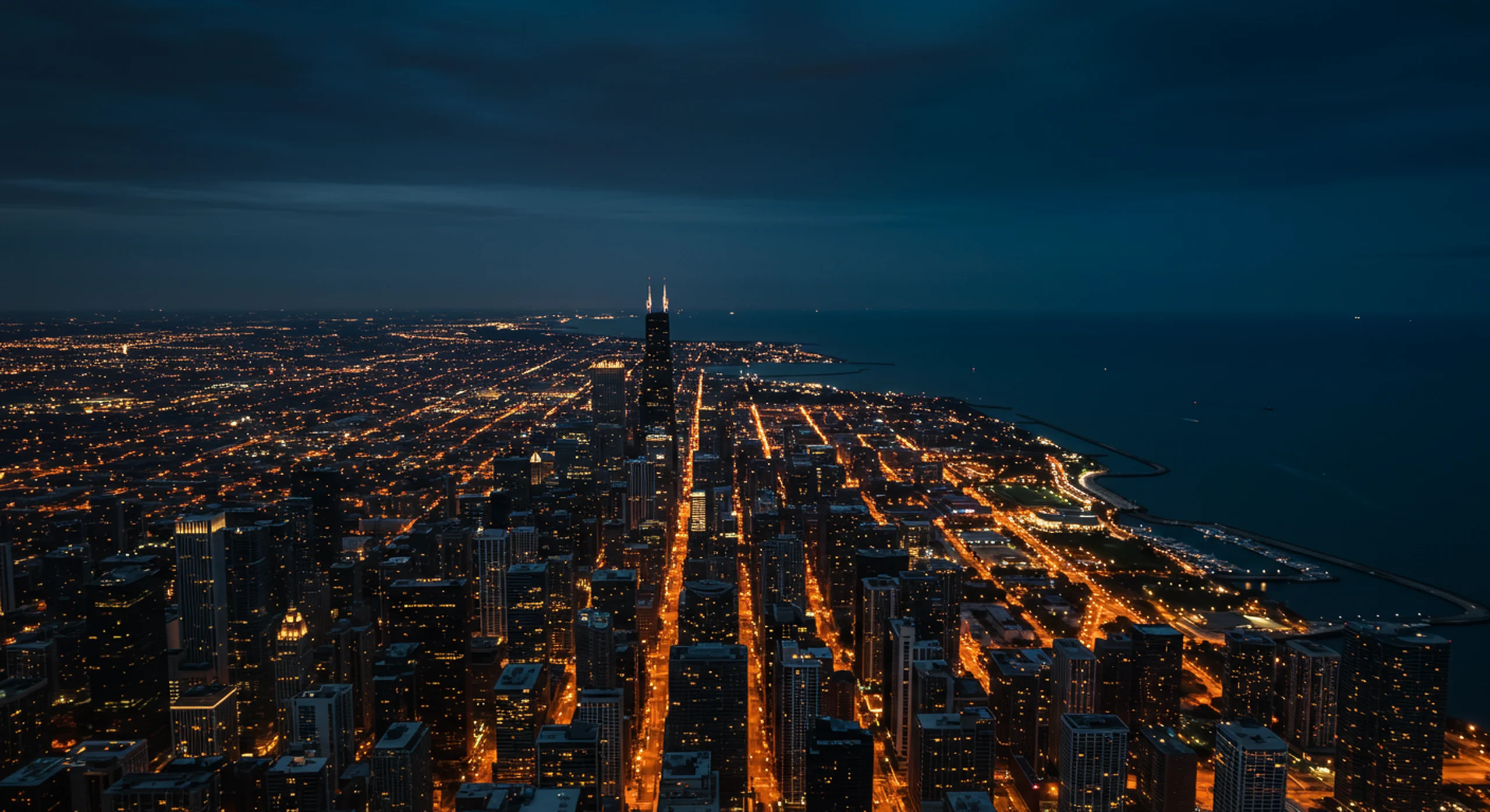 Aerial twilight over the Chicago skyline