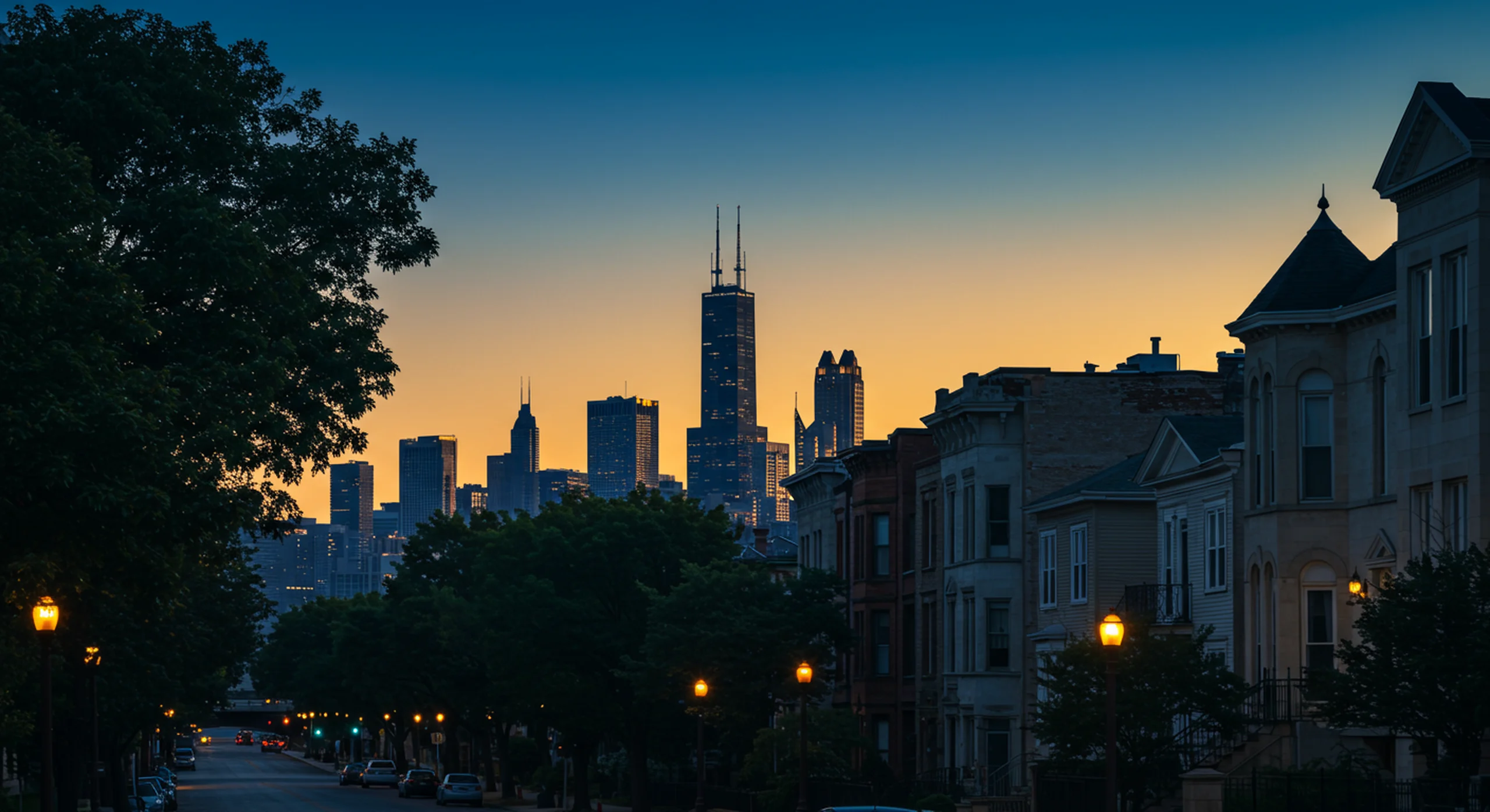 Chicago-area homes at blue hour