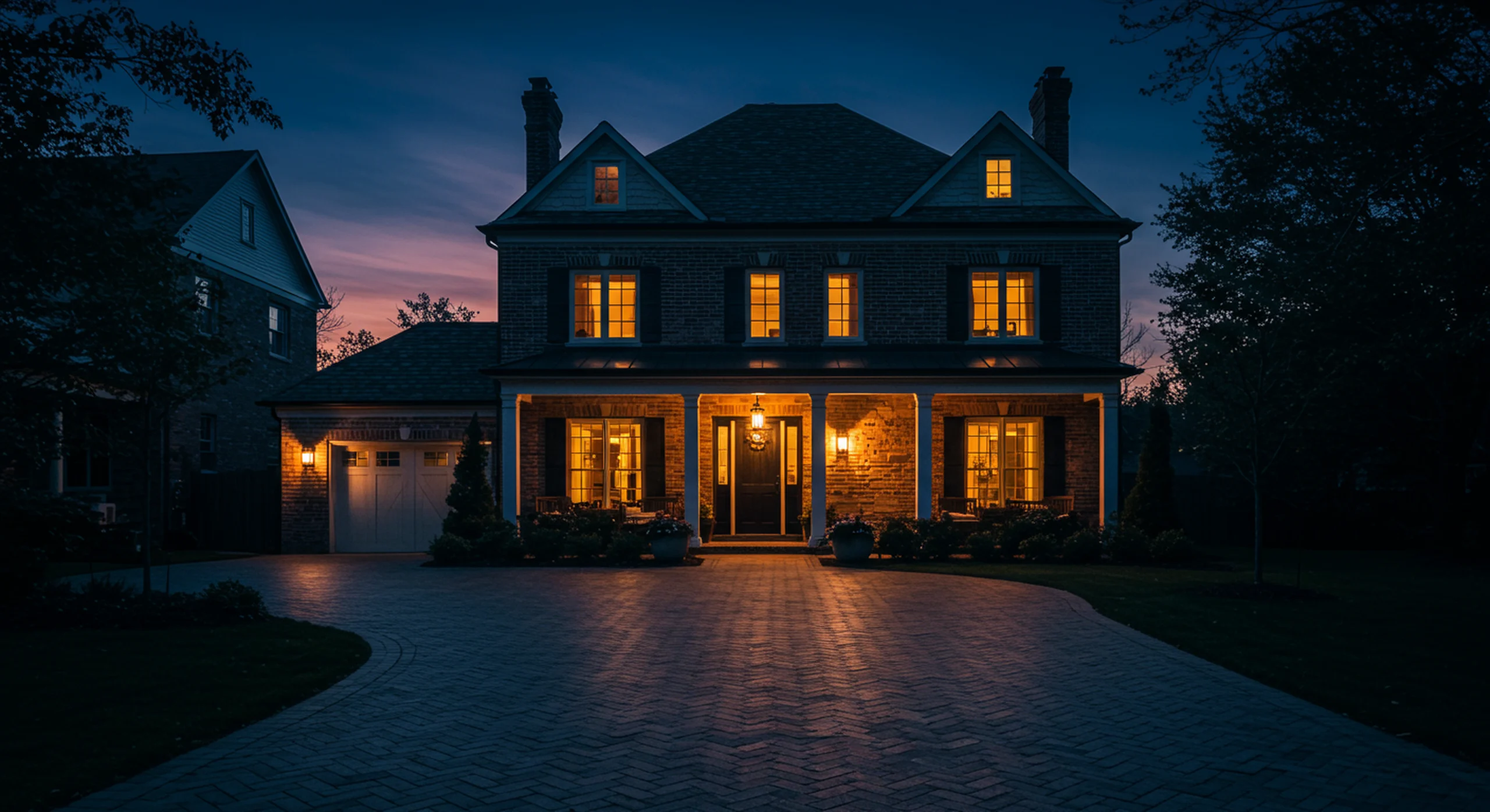 Brick-and-stone home with a paver drive