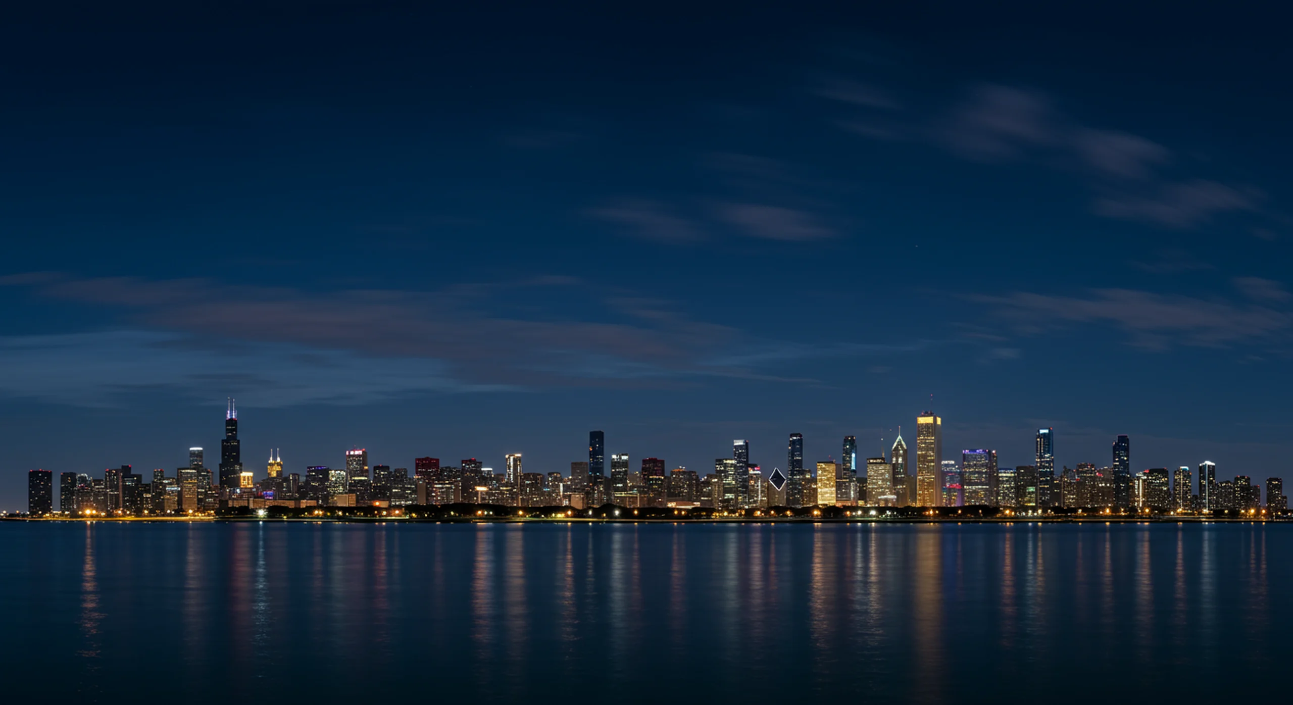 Chicago-area skyline and neighborhood context at twilight