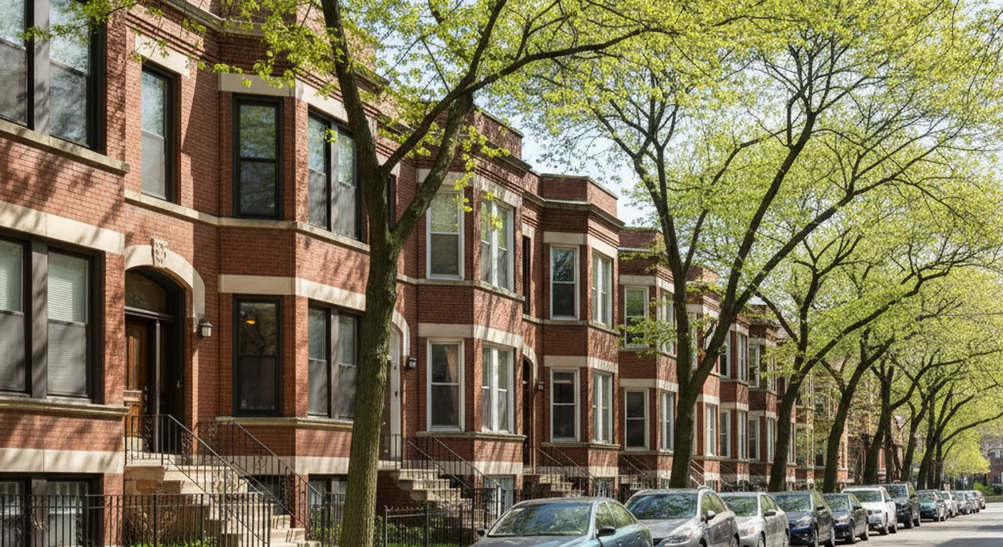 Residential street in Chicago with diverse homes, reflecting the local housing market.
