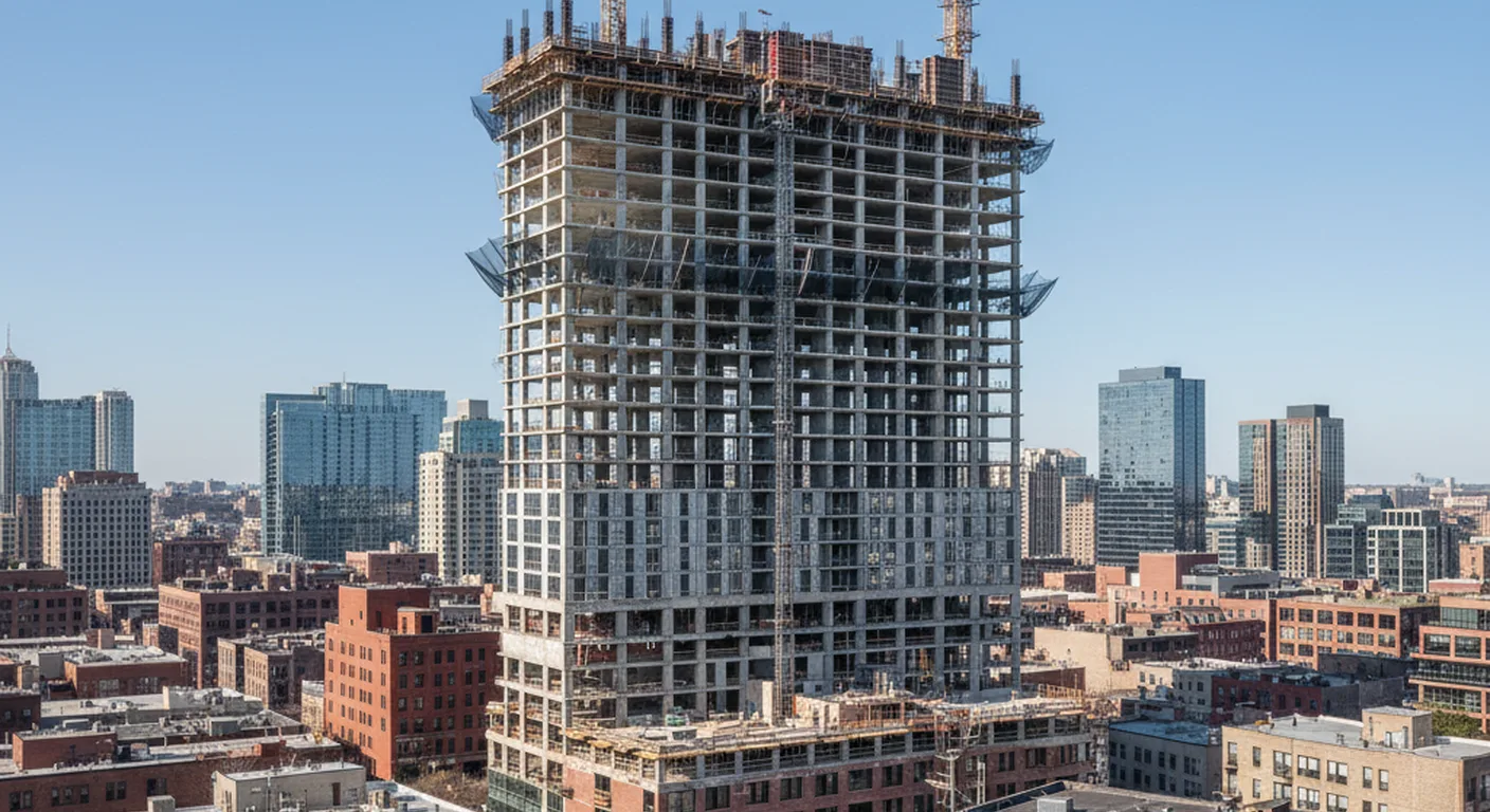 Construction site with a crane and new building foundation at 566 Van Buren Street.